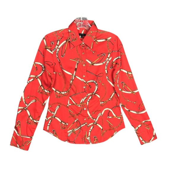 Talbots Red Equestrian Button Up Long Sleeve Top Size 2 Stretch Old Money Preppy - Picture 2 of 9